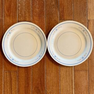 2 Vintage Corelle Corning Needlepoint 10 1/4" Dinner Plates Blue Checks Flowers